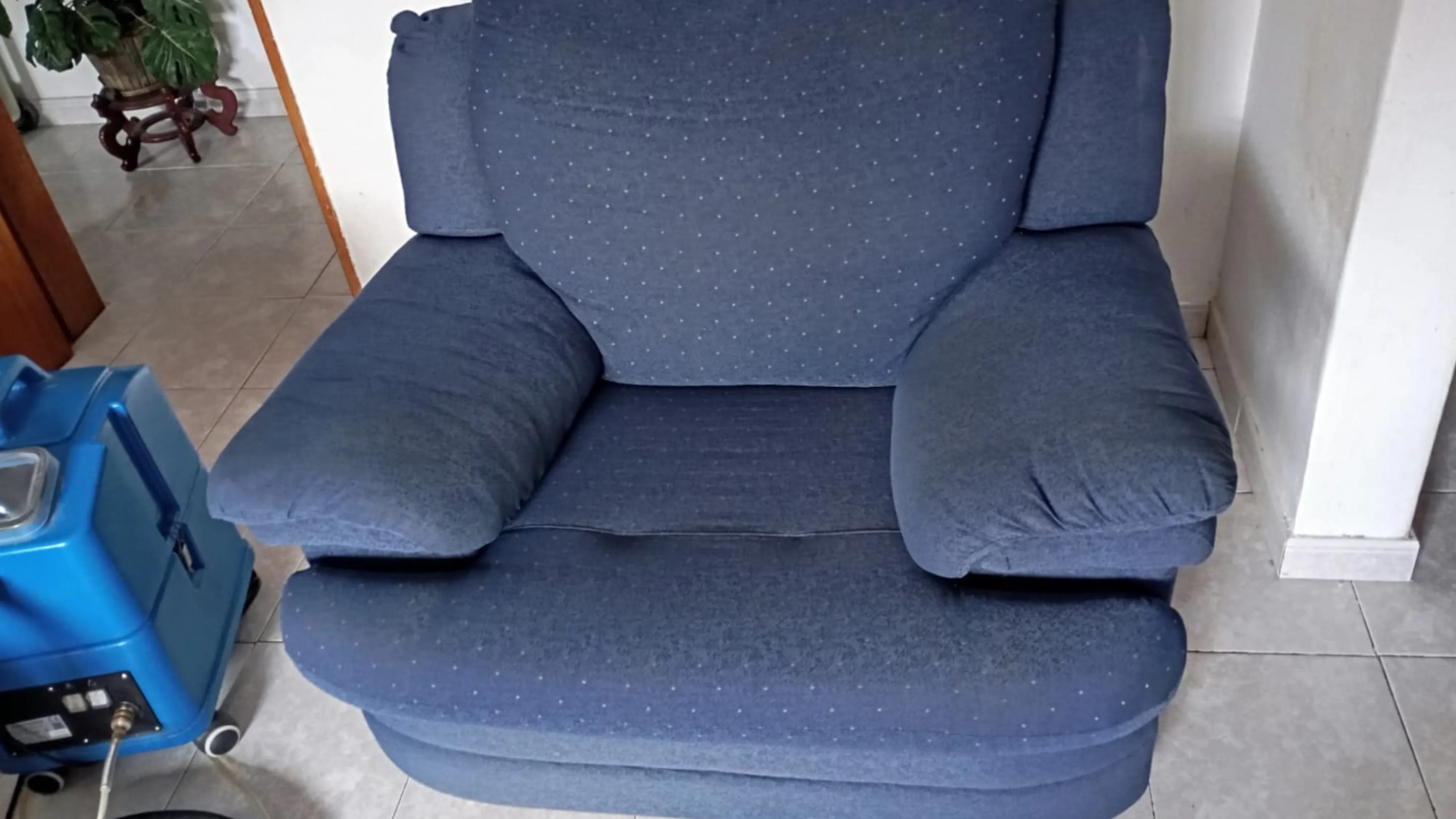 Poltrona azul com diferenças de tom visíveis na superfície do revestimento