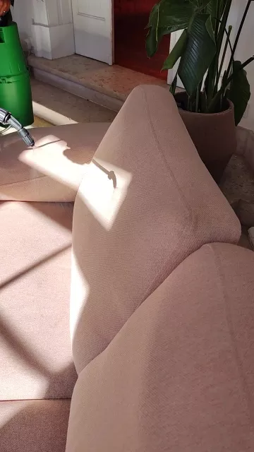 Aplicação do produto de limpeza no sofá pela equipa DeepClean